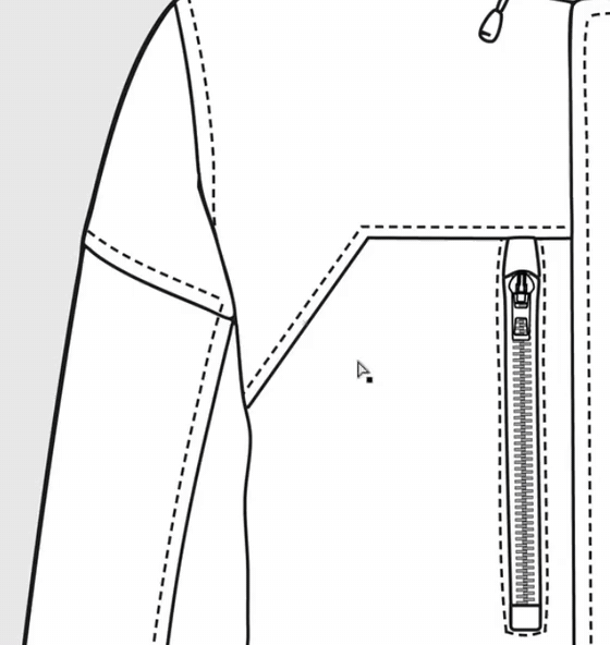 Animation: a traced jacket sketch in Illustrator. The yoke seam is reshaped by dragging its anchor points, then a rib fill is applied to the cuff
