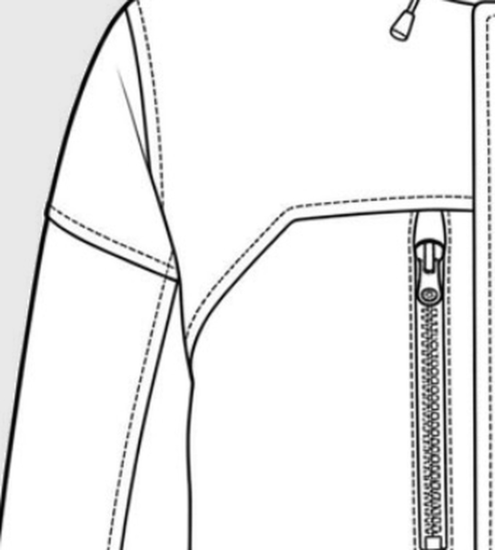 Close-up of a jacket sketch before tracing: shoulder, yoke seam and chest zip